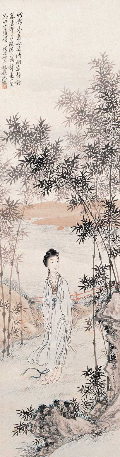 沈燧 竹影仕女图 立轴